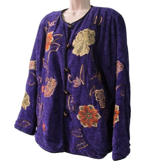 Purple Chenille Glass Applique Embroidered Beaded Sequin Wearable Art Jacket L - Picture 2 of 16